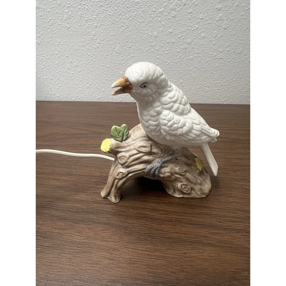 Ceramic Vintage White Bird‎ Perched On Branch Figurine With Light Bulb And Cord